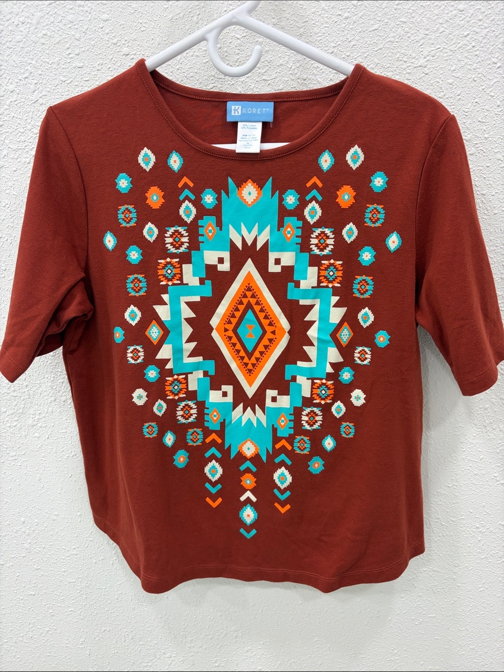 Koret Rusty Brown Short Sleeve Tee with Turquoise & Orange Aztec Motif